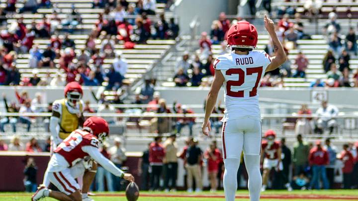 Oklahoma kicker Trace Rudd prepares to kick in the spring game. Oklahoma kicker Trace Rudd prepares to kick in the spring game.