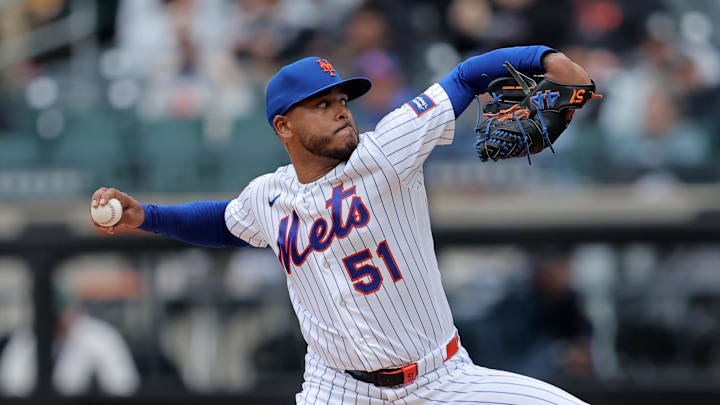 Apr 30, 2026; New York City, New York, USA; New York Mets starting pitcher Freddy Peralta (51) pitches against the Washington Nationals during the first inning at Citi Field. Mandatory Credit: Brad Penner-Imagn Images