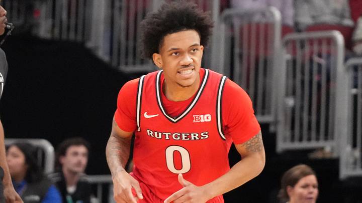 Mar 11, 2026; Chicago, IL, USA; Rutgers Scarlet Knights guard Tariq Francis (0) after making a three point basket against the Minnesota Golden Gophers during the first half at United Center. Mandatory Credit: David Banks-Imagn Images