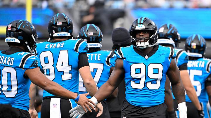 Oct 26, 2025; Charlotte, North Carolina, USA; Carolina Panthers defensive tackle Tershawn Wharton (99) runs on to the field before the game at Bank of America Stadium. Oct 26, 2025; Charlotte, North Carolina, USA; Carolina Panthers defensive tackle Tershawn Wharton (99) runs on to the field before the game at Bank of America Stadium.