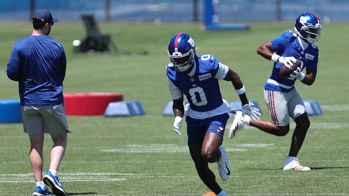 Jun 9, 2026; East Rutherford, NJ, USA; New York Giants wide receiver Malachi Fields (0) participates in drills during the minicamp activities at Quest Diagnostics Center. Jun 9, 2026; East Rutherford, NJ, USA; New York Giants wide receiver Malachi Fields (0) participates in drills during the minicamp activities at Quest Diagnostics Center.
