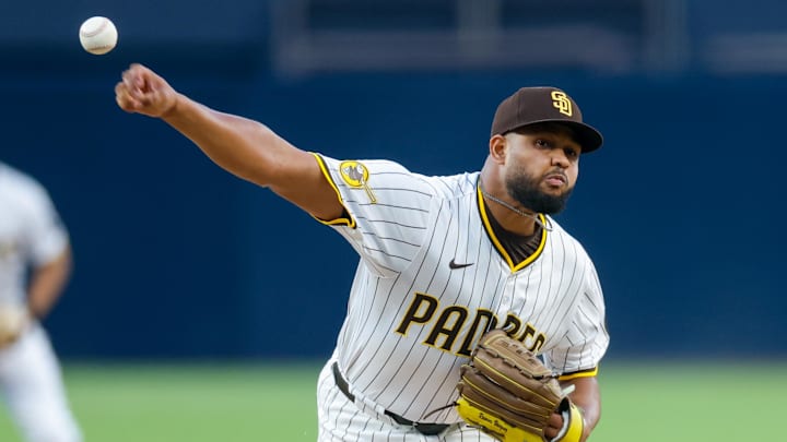 Aug 2, 2025; San Diego, California, USA; San Diego Padres starting pitcher Randy Vasquez (98) throws a pitch during the first inning against the St. Louis Cardinals at Petco Park. Mandatory Credit: David Frerker-Imagn Images