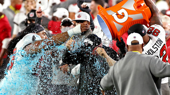 Blue Gatorade was dumped on Tampa Bay head coach Bruce Arians at Super Bowl LV.