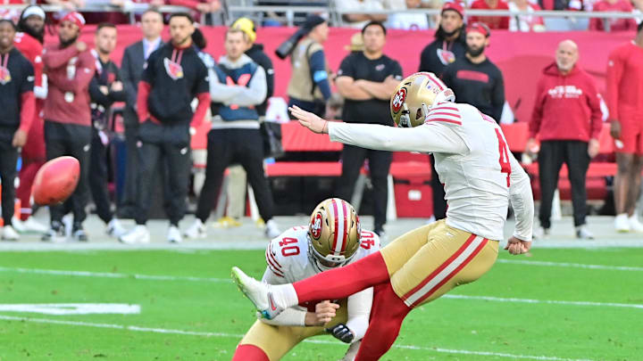  San Francisco 49ers place kicker Jake Moody (4) . Mandatory Credit: Matt Kartozian-Imagn Images