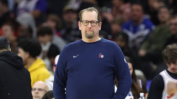 Philadelphia 76ers head coach Nick Nurse looks on during the third quarter against the Toronto Raptors at Wells Fargo Center on Mar. 30, 2025. Philadelphia 76ers head coach Nick Nurse looks on during the third quarter against the Toronto Raptors at Wells Fargo Center on Mar. 30, 2025.