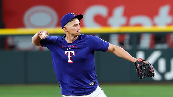 Apr 4, 2026; Arlington, Texas, USA;  Texas Rangers shortstop Corey Seager (5) warms up before the game against the Cincinnati Reds at Globe Life Field. Mandatory Credit: Kevin Jairaj-Imagn Images