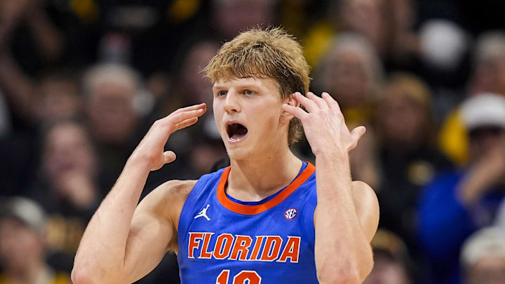 Jan 3, 2026; Columbia, Missouri, USA; Florida Gators forward Thomas Haugh (10) reacts during the second half against the Missouri Tigers at Mizzou Arena. Mandatory Credit: Jay Biggerstaff-Imagn Images