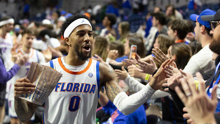 Florida guard Boogie Fland (0) celebrates with fans after Florida beat LSU 79-61 at Steven C. O'Connell Center Exactek arena in Gainesville, FL on Tuesday, January 20, 2026. [Alan Youngblood/Gainesville Sun]