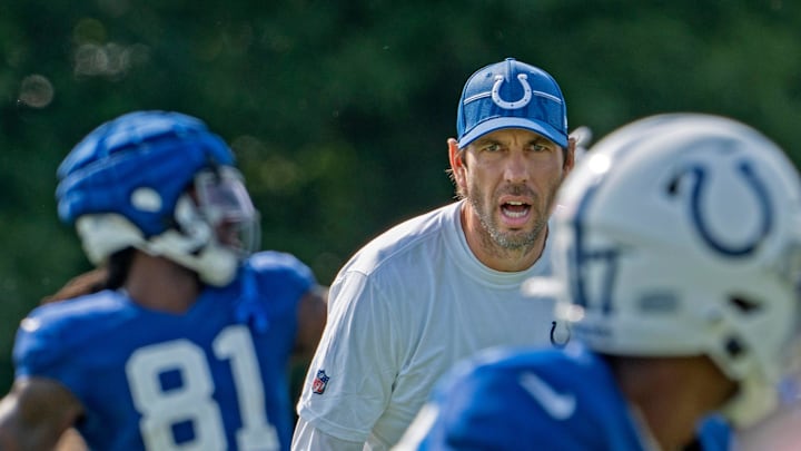 Indianapolis Colts Head Coach Shane Steichen watches the players during Colts Camp practice at Grand