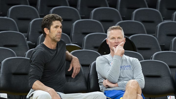 June 1, 2022; San Francisco, CA, USA; Golden State Warriors general manager Bob Myers (left) and head coach Steve Kerr (right) during media day of the 2022 NBA Finals at Chase Center. Mandatory Credit: Kyle Terada-Imagn Images