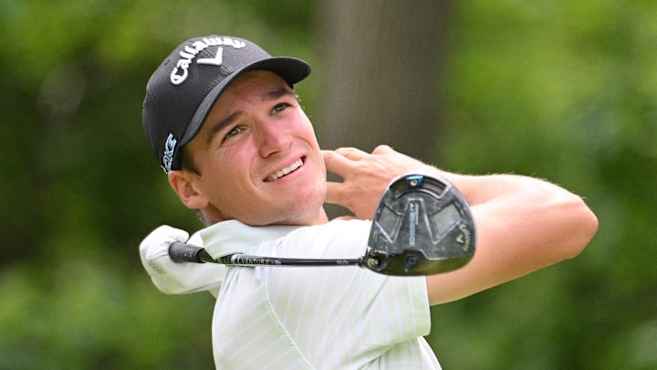 Jun 1, 2024; Hamilton, Ontario, CAN; Adrien Dumont de Chassart hits his tee shot at the seventh hole during the third round of the RBC Canadian Open golf tournament. Mandatory Credit: Dan Hamilton-Imagn Images