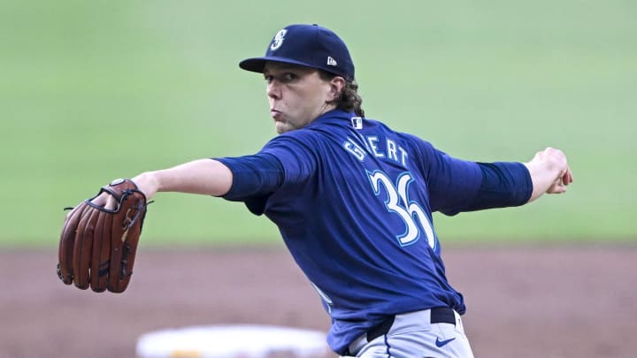 Seattle Mariners starting pitcher Logan Gilbert (36) pitches during the first inning against the San Diego Padres at Petco Park on July 9. Seattle Mariners starting pitcher Logan Gilbert (36) pitches during the first inning against the San Diego Padres at Petco Park on July 9.