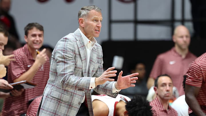 Nov 3, 2025; Tuscaloosa, Alabama, USA; Alabama Crimson Tide head coach Nate Oats reacts during the first half against the North Dakota Fighting Hawks at Coleman Coliseum. Mandatory Credit: David Leong-Imagn Images