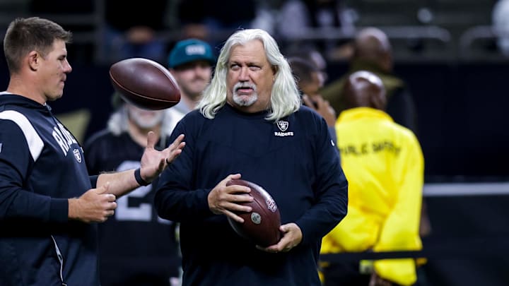 Oct 30, 2022; New Orleans, Louisiana, USA;  Las Vegas Raiders senior defensive assistant Rob Ryan looks on agains the New Orleans Saints during the first half at Caesars Superdome. Mandatory Credit: Stephen Lew-USA TODAY Sports