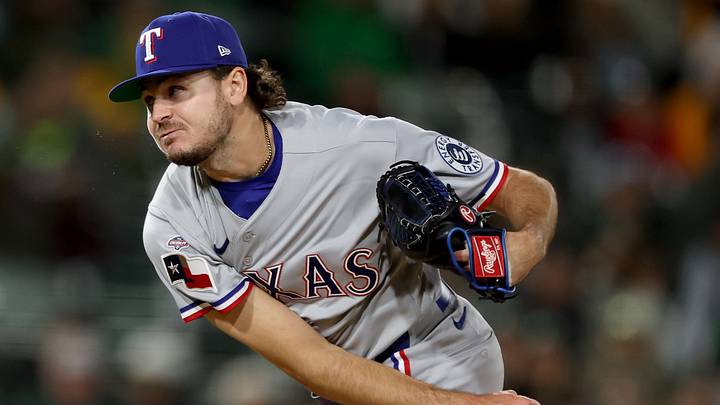 Apr 15, 2026; West Sacramento, California, USA; Texas Rangers pitcher Gavin Collyer (65) follows through with a pitch against the Athletics on his major league debut during the seventh inning at Sutter Health Park. Mandatory Credit: Dennis Lee-Imagn Images