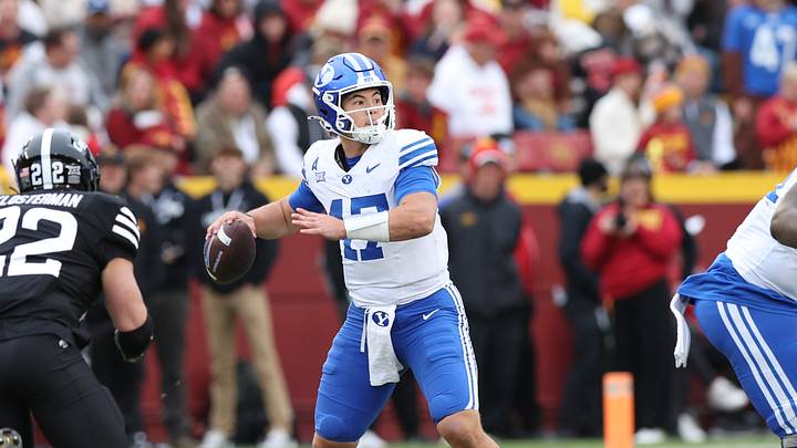 Oct 25, 2025; Ames, Iowa, USA; BYU Cougars quarterback Bear Bachmeier (47) throws a pass against the Iowa State Cyclones at Jack Trice Stadium. Mandatory Credit: Reese Strickland-Imagn Images Oct 25, 2025; Ames, Iowa, USA; BYU Cougars quarterback Bear Bachmeier (47) throws a pass against the Iowa State Cyclones at Jack Trice Stadium. Mandatory Credit: Reese Strickland-Imagn Images