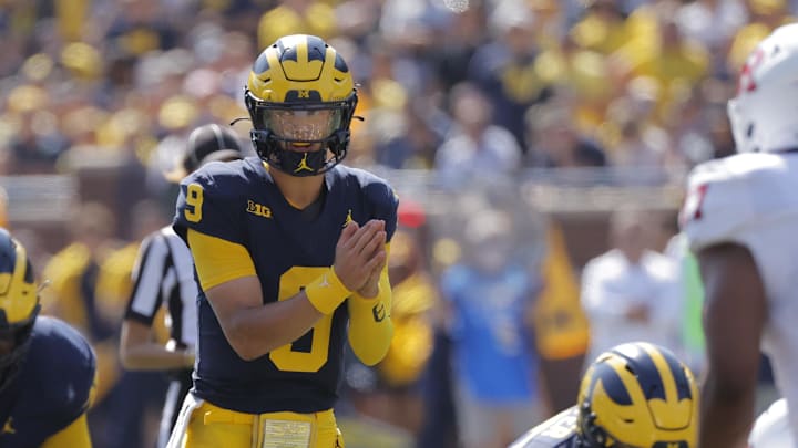 Sep 23, 2023; Ann Arbor, Michigan, USA;  Michigan Wolverines quarterback J.J. McCarthy (9) prepares