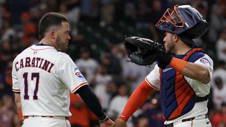 Aug 13, 2025; Houston, Texas, USA; Houston Astros designated hitter Victor Caratini (17) and Houston Astros catcher Yainer Diaz (21) celebrate after defeating the Boston Red Sox at Daikin Park. Aug 13, 2025; Houston, Texas, USA; Houston Astros designated hitter Victor Caratini (17) and Houston Astros catcher Yainer Diaz (21) celebrate after defeating the Boston Red Sox at Daikin Park.