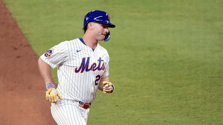 Jul 15, 2025; Cumberland, Georgia, USA; National League first baseman Pete Alonso (20) of the New York Mets hits a three run home run during the sixth inning during the 2025 MLB All Star Game at Truist Park. Mandatory Credit: Dale Zanine-Imagn Images