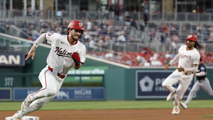 Sep 12, 2024; Washington, District of Columbia, USA; Washington Nationals outfielder Dylan Crews (3) and Nationals outfielder James Wood (29) round third base en route to scoring runs against the Miami Marlins during the first inning at Nationals Park. 