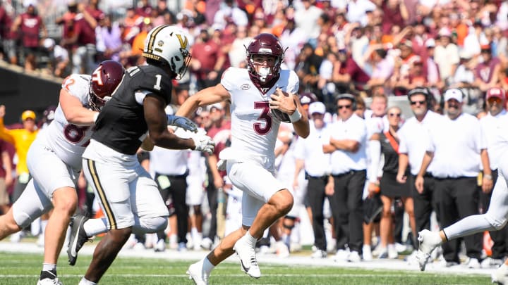 Aug 31, 2024; Nashville, Tennessee, USA; Virginia Tech Hokies quarterback Collin Schlee (3) runs the ball against the Vanderbilt Commodores during the second half at FirstBank Stadium. Mandatory Credit: Steve Roberts-USA TODAY Sports Aug 31, 2024; Nashville, Tennessee, USA; Virginia Tech Hokies quarterback Collin Schlee (3) runs the ball against the Vanderbilt Commodores during the second half at FirstBank Stadium. Mandatory Credit: Steve Roberts-USA TODAY Sports