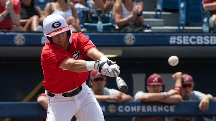 May 24, 2022; Hoover, AL, USA; Georgia batter Joshua McAllister slaps a line drive that was caught for an out as Alabama faced Georgia in game one of the SEC Tournament at Hoover Met. Mandatory Credit: Gary Cosby Jr.-The Tuscaloosa News

Ncaa Baseball Sec Baseball Tournament Alabama Crimson Tide At Georgia Bulldogs