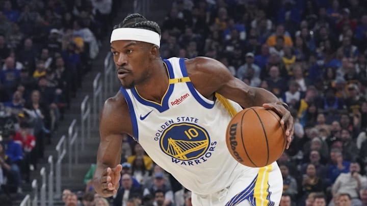 Mar 8, 2025; San Francisco, California, USA;  Golden State Warriors forward Jimmy Butler III (10) drives to the basket against the Detroit Pistons in the first quarter at Chase Center. Mandatory Credit: David Gonzales-Imagn Images