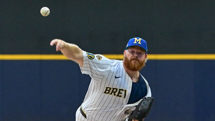 Jul 27, 2025; Milwaukee, Wisconsin, USA; Milwaukee Brewers starting pitcher Brandon Woodruff (53) throws a pitch in the first inning against the Miami Marlins at American Family Field. Mandatory Credit: Benny Sieu-Imagn Images