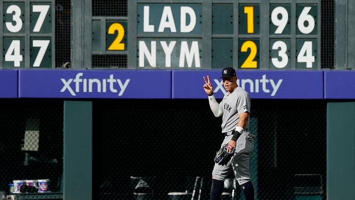 New York Yankees right fielder Aaron Judge (99) gestures against the Colorado Rockies at Coors Field. Credit: Isaiah J. Downing-Imagn Images New York Yankees right fielder Aaron Judge (99) gestures against the Colorado Rockies at Coors Field. Credit: Isaiah J. Downing-Imagn Images