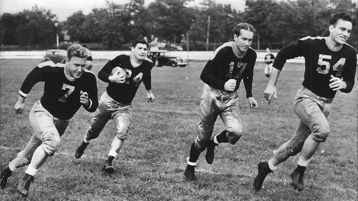 This 1940 Press photo shows one of Curley Lambeau's Green Bay Packer backfield combinations This 1940 Press photo shows one of Curley Lambeau's Green Bay Packer backfield combinations