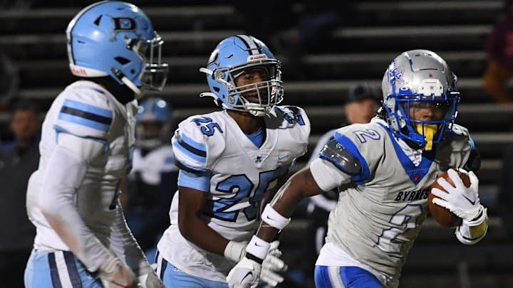Byrnes played Dorman in the first round of the Region 2-AAAAA playoffs at Byrnes High School's Nixon Field on Nov. 3, 2023. 
Dorman's Kentavion Anderson (25) tries to run down Byrnes' Armoni Weaver (2) on a play.