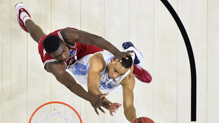 Mar 25, 2016; Philadelphia, PA, USA; North Carolina Tar Heels forward Brice Johnson (11) shoots against Indiana Hoosiers center Thomas Bryant (31) during the first half of a semifinal game in the East regional of the NCAA Tournament at Wells Fargo Center. UNC won 101-86. Mandatory Credit: Bob Donnan-Imagn Images