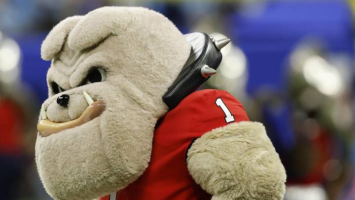 Jan 1, 2026; New Orleans, LA, USA; Georgia Bulldogs mascot Hairy Dawg stands on the sidelines during warmup prior to the Bulldogs' game against the Mississippi Rebels during the 2026 Sugar Bowl and quarterfinal game of the College Football Playoff at Caesars Superdome. Mandatory Credit: Geoff Burke-Imagn Images
