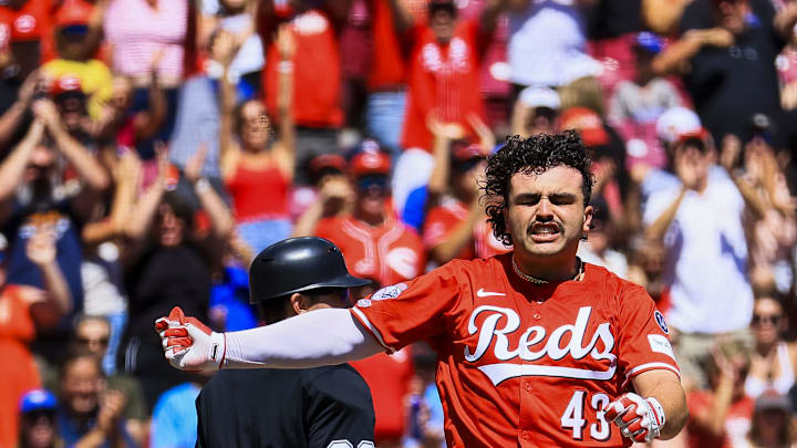 Sep 1, 2025; Cincinnati, Ohio, USA; Cincinnati Reds first baseman Sal Stewart (43) reacts after scoring on a two-run triple hit by third baseman Ke'Bryan Hayes (not pictured) in the second inning against the Toronto Blue Jays at Great American Ball Park. Mandatory Credit: Katie Stratman-Imagn Images Sep 1, 2025; Cincinnati, Ohio, USA; Cincinnati Reds first baseman Sal Stewart (43) reacts after scoring on a two-run triple hit by third baseman Ke'Bryan Hayes (not pictured) in the second inning against the Toronto Blue Jays at Great American Ball Park. Mandatory Credit: Katie Stratman-Imagn Images