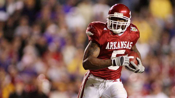 Nov. 23, 2007; Baton Rouge, LA, USA; Arkansas Razorbacks tailback Darren McFadden (5) carries against the LSU Tigers in overtime at Tiger Stadium. The Arkansas Razorbacks defeated the Tigers 50-48 in triple overtime. Mandatory Credit: John David Mercer-USA TODAY Sports Copyright © 2007 John David Mercer Nov. 23, 2007; Baton Rouge, LA, USA; Arkansas Razorbacks tailback Darren McFadden (5) carries against the LSU Tigers in overtime at Tiger Stadium. The Arkansas Razorbacks defeated the Tigers 50-48 in triple overtime. Mandatory Credit: John David Mercer-USA TODAY Sports Copyright © 2007 John David Mercer