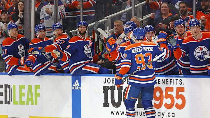 Dec 12, 2023; Edmonton, Alberta, CAN; The Edmonton Oilers celebrate a goal scored by forward Ryan