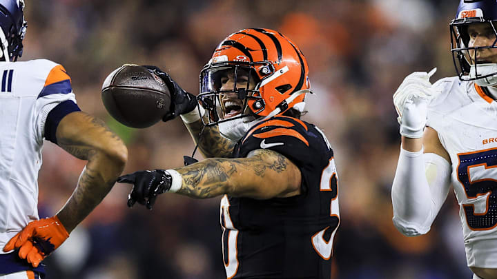 Dec 28, 2024; Cincinnati, Ohio, USA; Cincinnati Bengals running back Chase Brown (30) reacts after advancing the ball against the Denver Broncos in the second half at Paycor Stadium. Mandatory Credit: Katie Stratman-Imagn Images