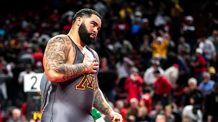Minnesota's Gable Steveson reacts after scoring a major decision at 285 pounds during the second session of the Big Ten Wrestling Championships, Saturday, March 5, 2022, at Pinnacle Bank Arena in Lincoln, Nebraska.

220305 Big Ten Semi Wr 072 Jpg