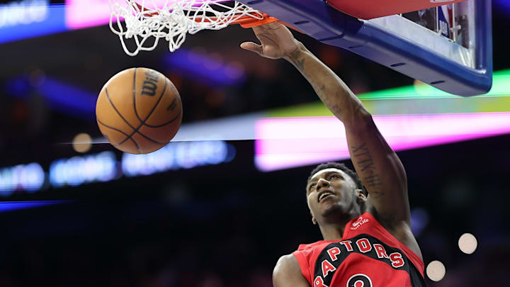 Toronto Raptors guard RJ Barrett (9) dunks the ball against the Philadelphia 76ers during the fourth quarter at Wells Fargo Center. 