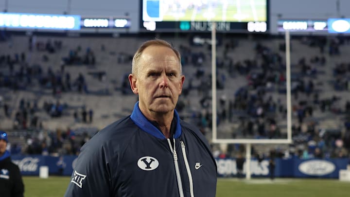 Tom Holmoe before BYU's 52–26 win over Utah Tech on Nov. 19, 2022.