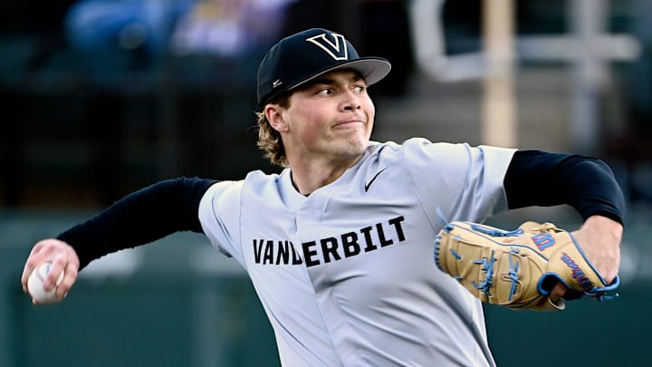 Vanderbilt pitcher Austin Nye (40) throws to a Tennessee Tech batter in the first inning of an NCAA college baseball game at Hawkins Field Tuesday, Feb. 25, 2025, in Nashville, Tenn.
