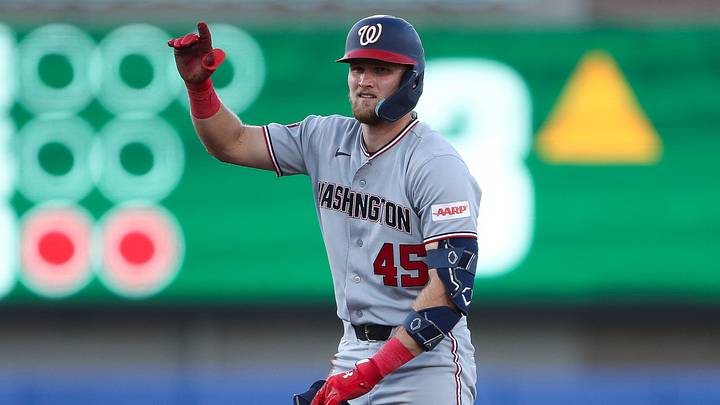 Jul 17, 2026; West Sacramento, California, USA; Washington Nationals third baseman Curtis Mead (45) acknowledges the dugout after hitting a two RBI double during the third inning against the Athletics at Sutter Health Park. Mandatory Credit: Scott Marshall-Imagn Images