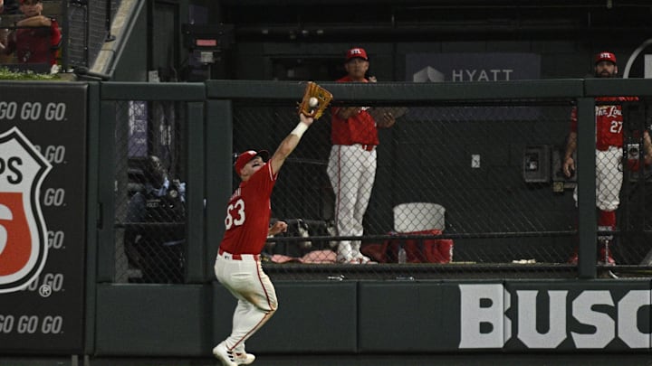 Jun 28, 2024; St. Louis, Missouri, USA; St. Louis Cardinals outfielder Michael Siani (63) catches a fly ball from Cincinnati Reds third baseman Noelvi Marte (not pictured) during the sixth inning at Busch Stadium. Mandatory Credit: Jeff Le-USA TODAY Sports