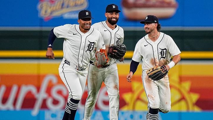 From left, Detroit Tigers outfielders Wenceel Pérez (46), Riley Greene (31) and Zach McKinstry (39) celebrate the 10-4 win over the Minnesota Twins at Comerica Park in Detroit on Tuesday, June 9, 2026. From left, Detroit Tigers outfielders Wenceel Pérez (46), Riley Greene (31) and Zach McKinstry (39) celebrate the 10-4 win over the Minnesota Twins at Comerica Park in Detroit on Tuesday, June 9, 2026.