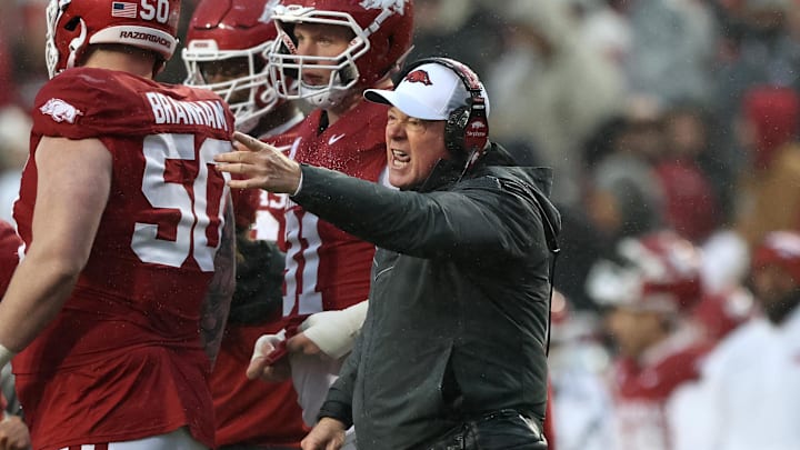 Fayetteville, Arkansas, USA; Arkansas Razorbacks interim head coach Bobby Petrino argues a call during the second quarter against the Missouri Tigers at Donald W. Reynolds Razorback Stadium.