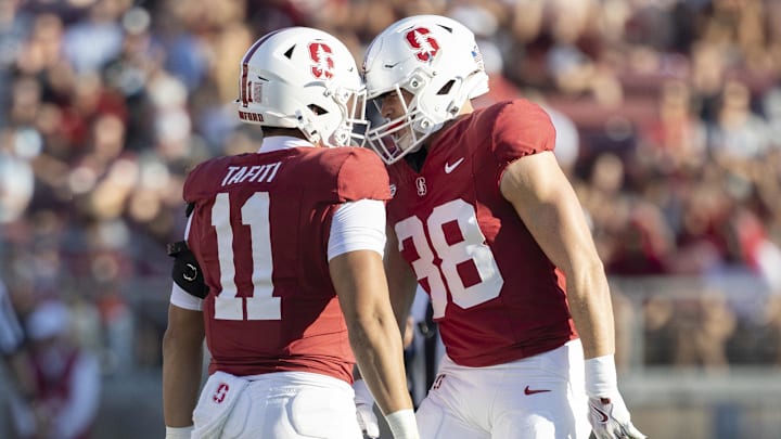 Sep 27, 2025; Stanford, California, USA;  Stanford Cardinal linebacker Zach Johnson (38) celebrates with linebacker Tevarua Tafiti (11) during the second quarter against the San Jose State Spartans at Stanford Stadium. Mandatory Credit: Stan Szeto-Imagn Images

