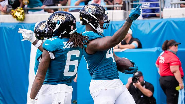 Jacksonville Jaguars defensive end Josh Hines-Allen (41) celebrates a fumble recovery in the second quarter in an NFL football game against the Cleveland Browns at EverBank Stadium, Sunday, September 13, 2026, in Jacksonville, Fla. [Doug Engle/Florida Times-Union]