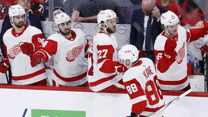 Dec 20, 2023; Winnipeg, Manitoba, CAN; Detroit Red Wings right wing Patrick Kane (88) celebrates his