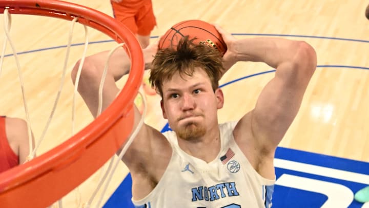 Mar 12, 2026; Charlotte, NC, USA; North Carolina Tar Heels center Henri Veesaar (13) shoots in the second half at Spectrum Center. Mandatory Credit: Bob Donnan-Imagn Images