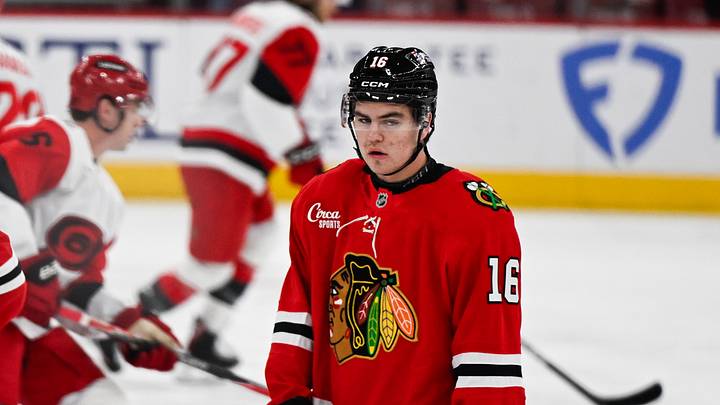 Apr 9, 2026; Chicago, Illinois, USA;  Chicago Blackhawks center Anton Frondell (16) during warmups against the Carolina Hurricanes at the United Center. Mandatory Credit: Matt Marton-Imagn Images